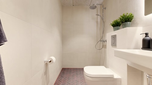 Walk-in shower with modern fixtures in Ralf Sannikov's Tartu apartment. Convenient central location near Raekoja plats, RIMI & MyFitness