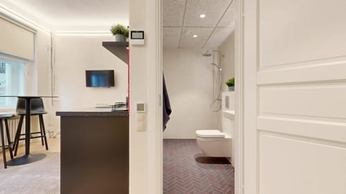 Open-plan layout with kitchen & bathroom in Ralf Sannikov studio. Smart use of space in central Tartu near Raekoja Square, RIMI & MyFitness