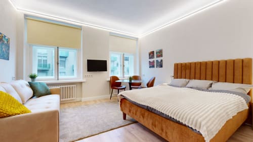 Bright living room with sofa bed & Maikro's Urban Garden art series. Tartu center near Raekoja Square, RIMI & MyFitness