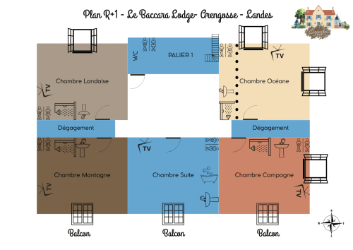 Floor plan of Baccara Lodge in Arengosse showing multiple bedrooms, kitchen, and balconies.