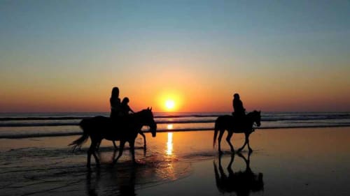 Due cavalieri a cavallo in silhouette al tramonto sulla spiaggia di Marsala, Sicilia