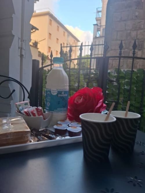 Vista dal balcone delle Mini Apartments San Nicola a Sorrento con rosa rossa, bottiglia d'acqua e tazze nere