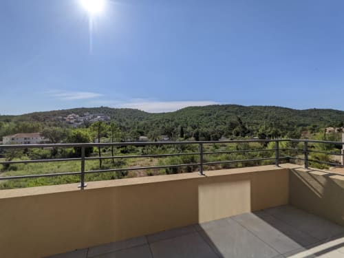 Balcony view of lush hills and countryside from Villa Ô Bord de Mer at  Favone, Corsica, managed by Corsu di Core