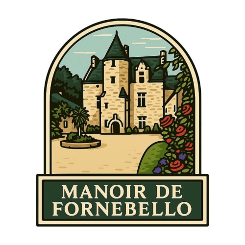 Logo du château Manoir de Fornebello avec tours en pierre, tourelles, jardins et fleurs à Châtelaudren-Plouagat, France