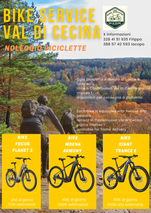 Volantino di noleggio Bike Service Val di Cecina con tre modelli di e-bike e prezzi presso Montecatini Val di Cecina