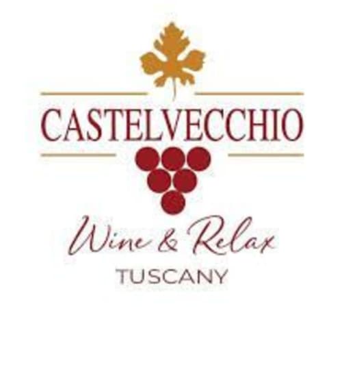 Logo Castelvecchio Wine & Relax con uva e foglia dorata, enoteca toscana