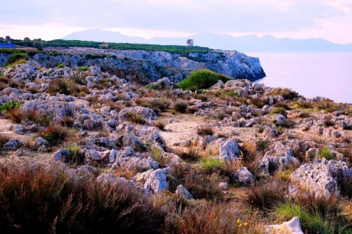 Rocky Mediterranean coastline with sparse vegetation near Case Zucco in Terrasini, Sicily