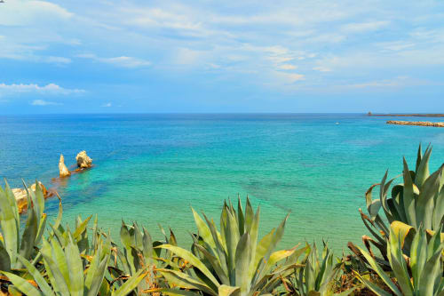 Turquoise Mediterranean sea view at Case Zucco in Terrasini, Italy, with agave plants and rocky coastline