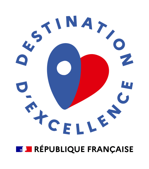 Destination Excellence Logo mit blau-rotem Herzdesign, Siegel der Französischen Republik für Nizzas Gastfreundschaft
