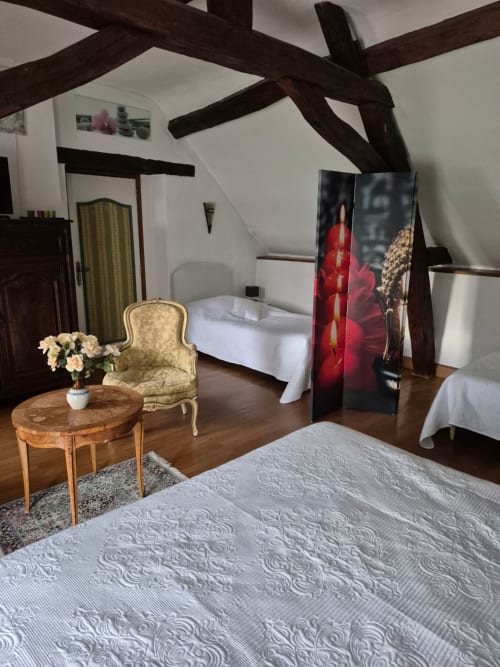 Spacieuse chambre familiale au Moulin Garnier avec poutres apparentes, lit matelassé, fauteuil élégant et vue sur le jardin à Vernou-sur-Loire
