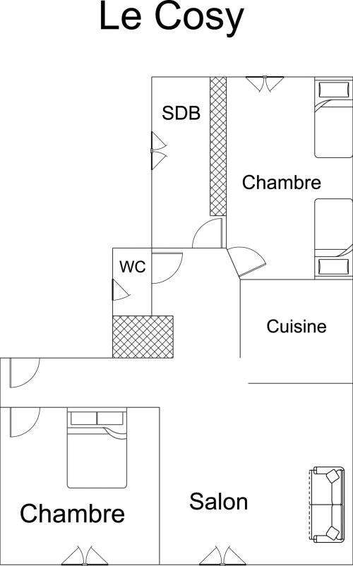 Grundriss von Le Cosy mit Schlafzimmer, Küche, Badezimmer, Wohnzimmer und separatem Gästezimmer in den Gîtes des Trois Provinces