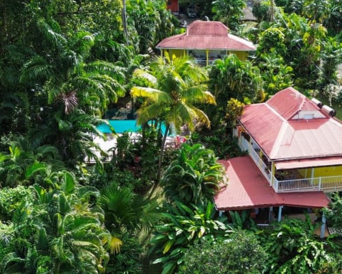 Vue aérienne des gîtes Les jardins de l'espérance à Bouillante où l'on voit les gîtes au milieu de la végétation exubérante des Antilles