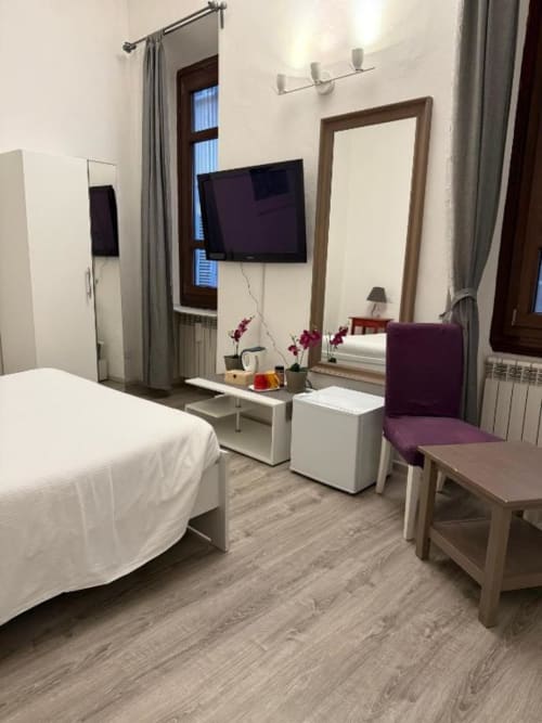 Camera Doppia Superiore presso Bronze Horse Affittacamere Firenze con letto, TV, specchio e vista sulla città