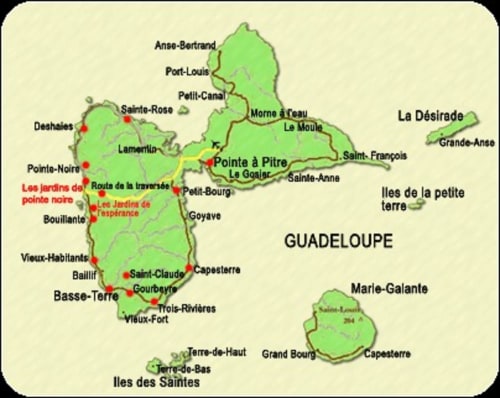 Carte de la Guadeloupe, avec la position de la résidence de vacances Les jardins de Pointe Noire