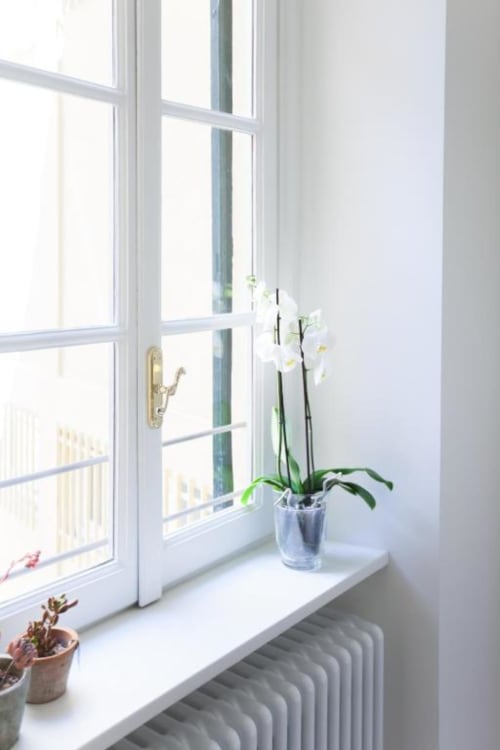 Bright windowsill at Alessia's Place Como with white orchid plant, radiator, and city view through grid-paned window