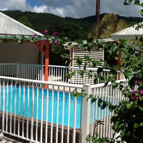 La belle piscine sécurisée des hébergements Les Jardins de Pointe Noire en Guadeloupe, pour un séjour relaxant, et proche de la nature