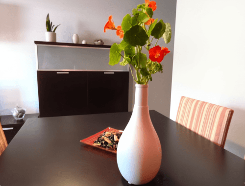 Mesa de comedor moderna con jarrón blanco de flores de capuchina naranja, gabinete negro y silla rayada en apartamento de Baiona