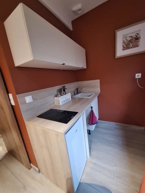 Kitchenette du gîte La Cour d'Hortense avec mobilier blanc, plaque de cuisson à induction et mur en terre cuite