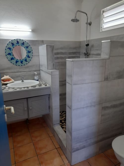 Salle de bains rénovée et décorée avec soin du gîte BleuRoi avec sa douche à l'italienne, lavabo et toilette, aux jardins de l'espérance à Bouillante en Guadeloupe