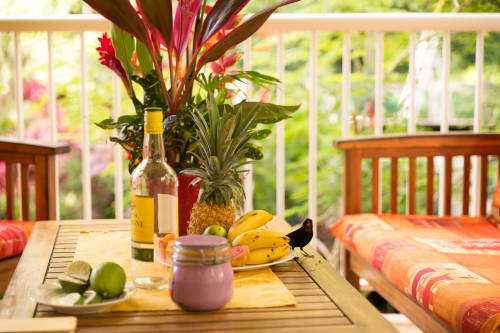 profitez de votre belle terrasse dans votre gîte aux jardins de l'espérance à Bouillante pour déguster un apéritif local et des fruits tropicaux.
