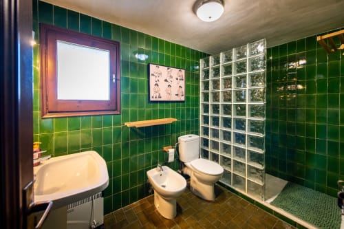 Baño con azulejos verdes en la Masia Rural Ca l'Eloi Janet de Barcelona, con lavabo de esquina, inodoro, bidé y ducha de bloques de vidrio