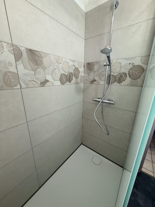 Douche moderne avec carrelage beige et frise décorée de motifs de feuilles aux Gîtes Des Planchettes