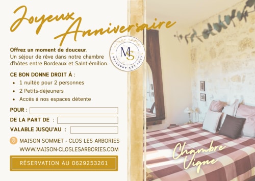 bon cadeau chambre d'hotes pour Joyeux annversaire sait emilion
