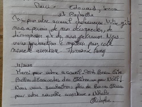 Lettres manuscrites d'hôtes aux Gîtes troglodytiques de la Rochère, une maison d'hôtes française à Noizay
