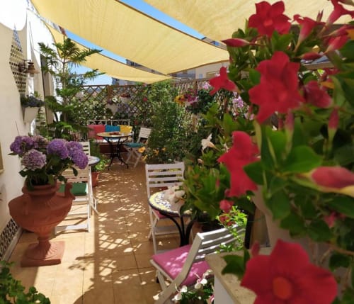 Terrazza del Alghero Roof Garden B&B con fiori rossi, sedute ombreggiate e atmosfera mediterranea