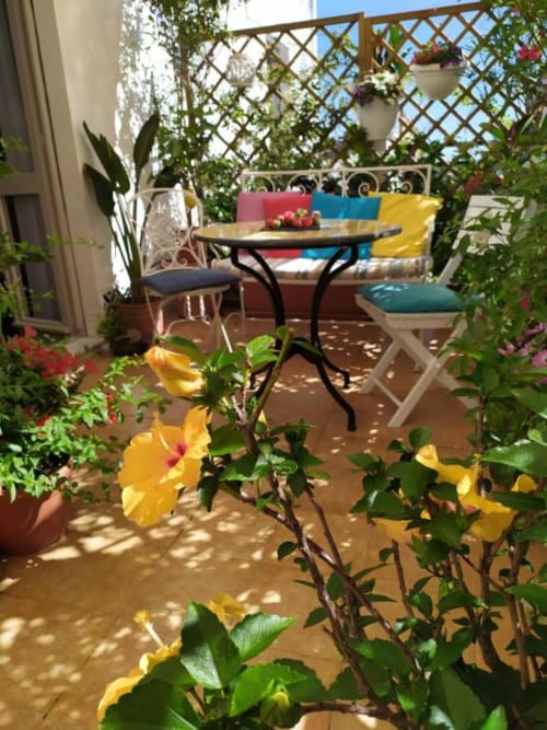 Terrazza del Roof Garden B&B di Alghero con sedute colorate, viti fiorite, traliccio in legno e atmosfera da giardino mediterraneo