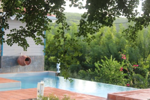 Vue artistique de la piscine privée encadrée par le feuillage tropical et les mornes en arrière-plan - Villa Bwa Kanpech