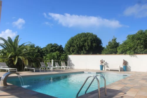 Grande piscine ensoleillée avec cascade col de cygne et plage pour enfants - Villa familiale Caryota Le Marin.