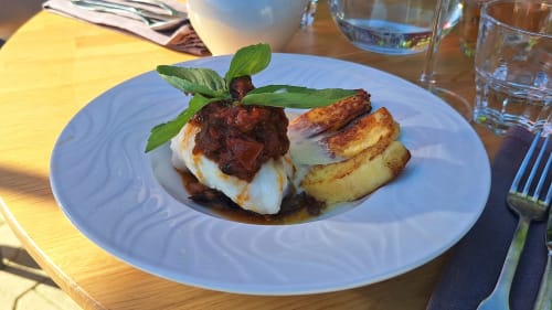 Assiette élégante à La Bergerie Du Moulin à Taradeau : poisson poêlé, sauce bourgogne, pommes rôties et décor de menthe