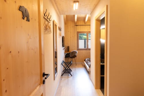 Couloir chaleureux en bois du gîte Les Louettes à Saxon, avec décor rustique et art animalier alpin