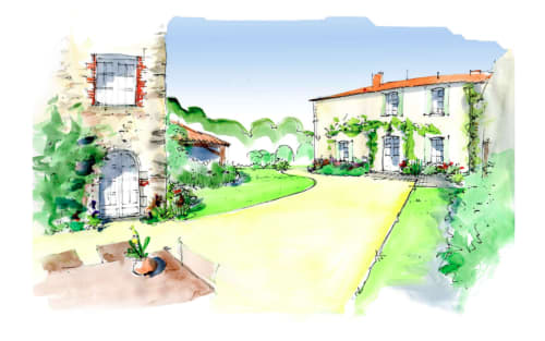Aquarelle de Clotide Drin Vue sur la façade ouest et la cours d'entrée