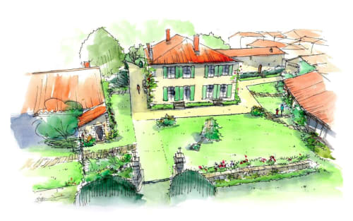 Aquarelle de Clotide Drin 
Vue sur la façade nord et le devant du jardin et la 1ère terrasse