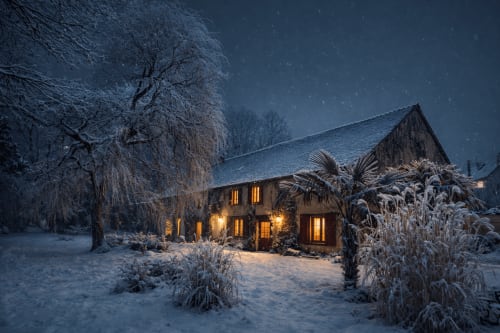 Cozy snow-covered cottage at Domaine de l'Ocrerie in Pourrain, France, glowing warmly at night under starry skies