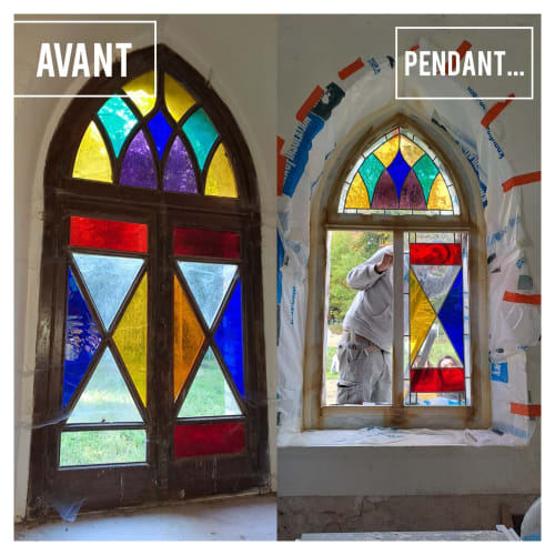 Restauration des portes vitrail du Château de la Malmaison à Aÿ-Champagne, avant et après rénovation