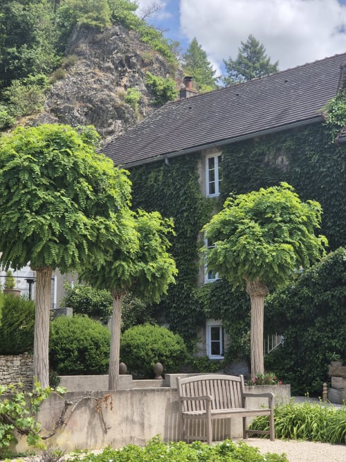 Met klimop bedekt stenen huis in Moulin Renaudiots in Autun met tuinbank en weelderige groenery