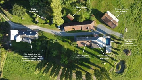 Aerial view of Domaine de Blanvatel B&B in Saint Pierre en Auge showing labeled buildings and gardens