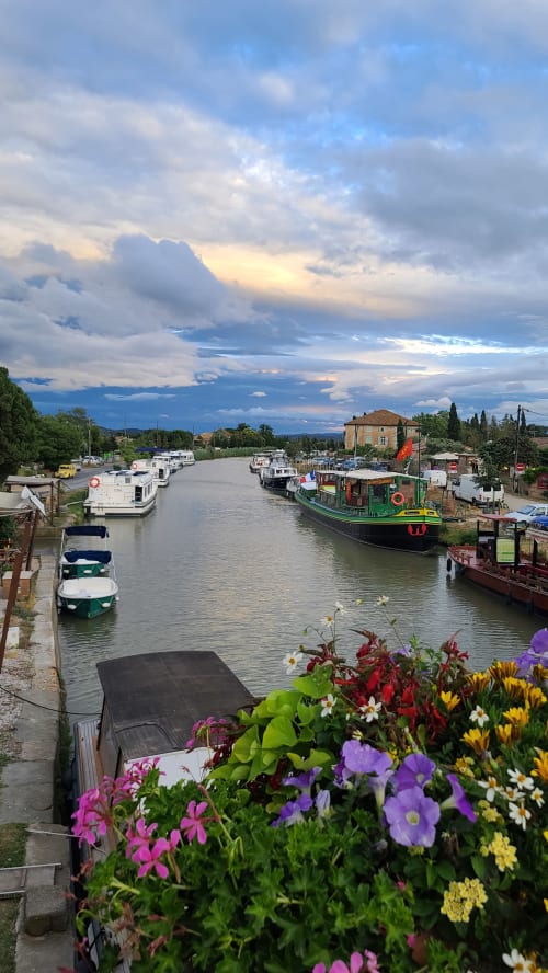 Bateaux amarrés au port du Somail prés du N°9 avec fleurs colorées, restaurants, librairie, galerie de peintures, vide greniers, bâtiments historiques. Idéal pour une ballade en vélo.