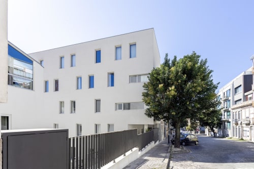Modern white hotel building in Porto with blue accent windows, dark metal railing, and tree-lined street entrance