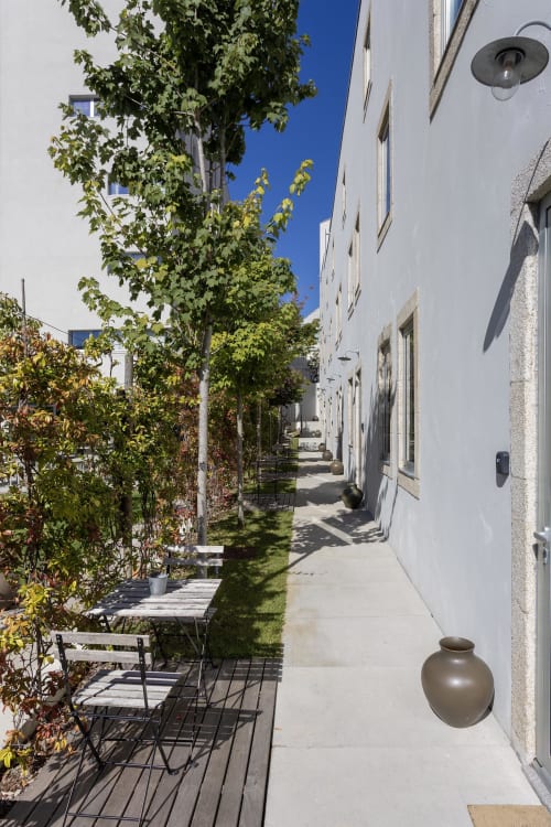 Modern white hotel corridor with ivy-covered walls, seating areas, and clear blue sky at Benefit Collection Porto