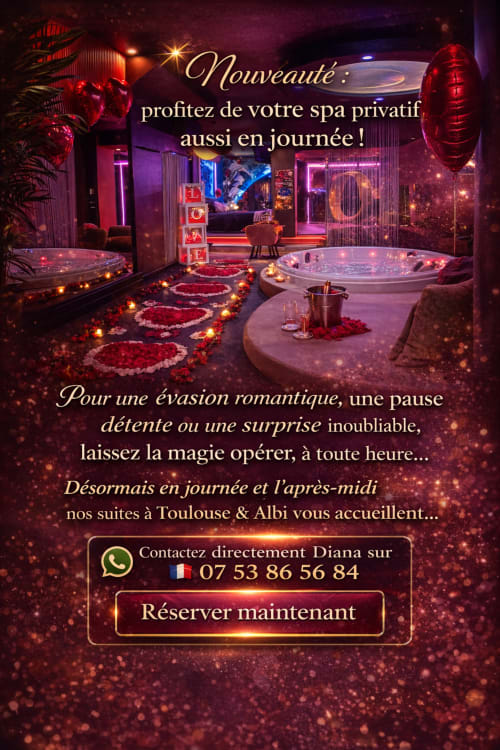 L'Insolite spa privatif Toulouse: suite spa romantique luxueuse avec bains à remous, pétales de roses rouges, ambiance aux chandelles