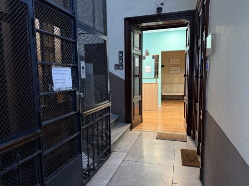 Corridoio d'ingresso dell'Encanto Hotel di Napoli con porte a rete blu scuro e pavimento in legno che conducono all'area ricevimento