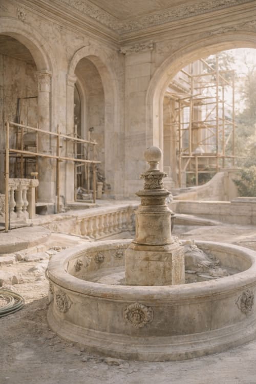 Élément architectural ancien en cours de restauration, illustrant le travail de conservation et de valorisation du patrimoine bâti.