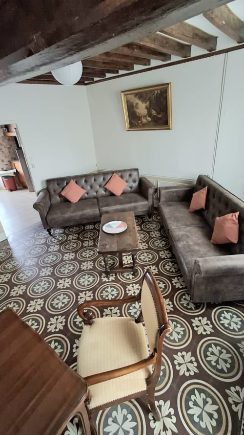 Elegant living room at Les Gîtes de l'Impériale with gray velvet sofas, geometric tiled floor, exposed wooden beams, and