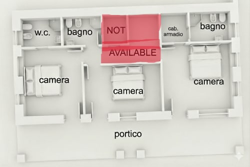 Planimetria 3D di villa italiana con 3 camere, bagni, cucina e unità disponibile evidenziata