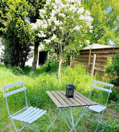 Coin de détente extérieur confortable au cottage Accolade à Châteaudun avec arbre aux fleurs blanches et vue sur le jardin
