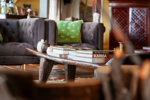 Cozy reading nook at Alombre B&B in Lectoure with leather sofa, coffee table books, and green cushion.